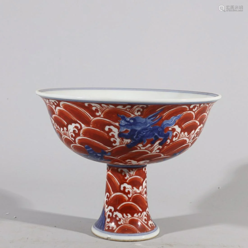 CHINESE BLUE-AND-WHITE AND IRON-RED HIGH - FOOT BOWL DEPICTI...