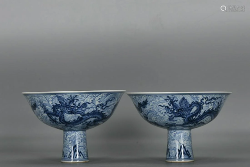 TWO CHINESE BLUE-AND-WHITE HIGH-FOOT BOWLS DEPICTING 'D...