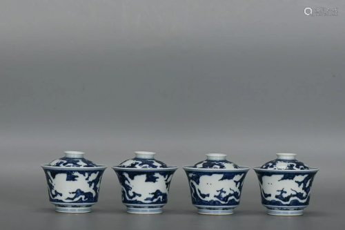 FOUR CHINESE BLUE-AND-WHITE COVERED CUPS DEPICTING 'LIO...