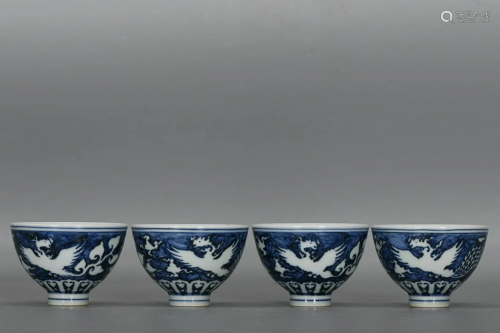 FOUR CHINESE BLUE-AND-WHITE CUPS DEPICTING 'PHOENIX...