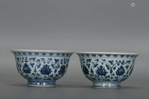 TWO CHINESE BLUE-AND-WHITE CUPS DEPICTING 'LOTUS SCROLL...