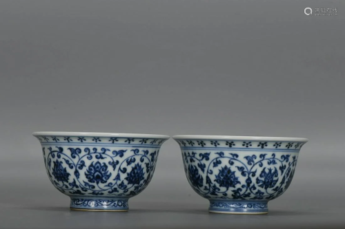 TWO CHINESE BLUE-AND-WHITE CUPS DEPICTING 'LOTUS SCROLL...