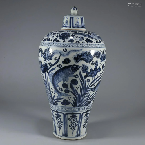 CHINESE BLUE-AND-WHITE BALUSTER JAR DEPICTING 'FISH AMO...