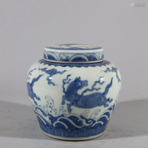 CHINESE BLUE-AND-WHITE COVERED JAR DEPICTING 'HORSE...