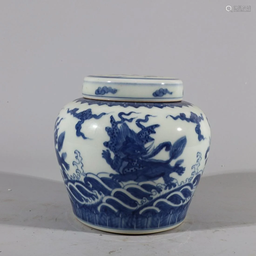 CHINESE BLUE-AND-WHITE COVERED JAR DEPICTING 'SEA MONST...