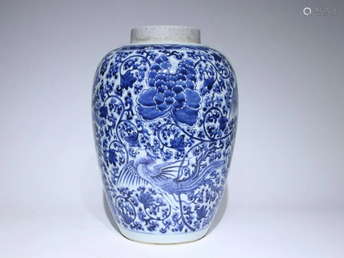 CHINESE BLUE-AND-WHITE JAR DEPICTING 'PHOENIX AND LOTUS...
