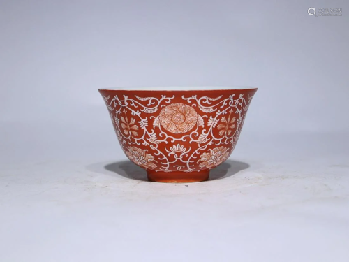 CHINESE CORAL-GROUND IRON-RED ENAMELED BOWL DEPICTING '...