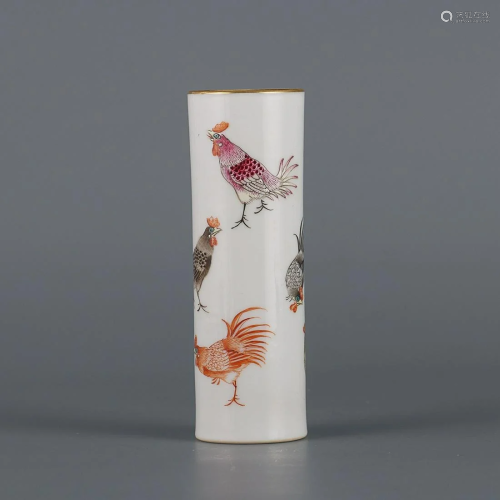 CHINESE FAMILLE-ROSE BRUSHPOT DEPICTING ' ROOSTER '...
