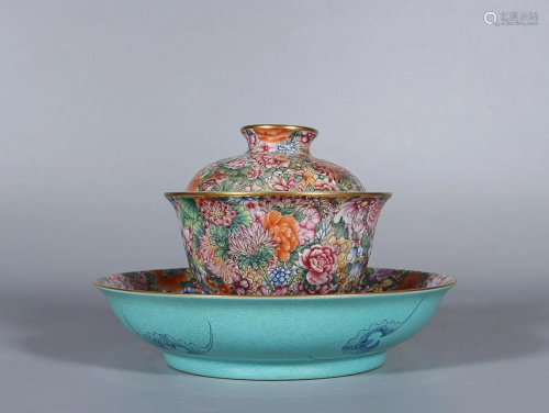CHINESE FAMILLE-ROSE COVERED BOWL DEPICTING ' MILLEFLEU...