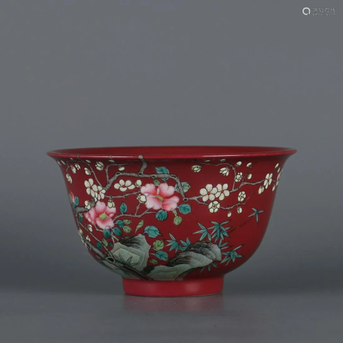 CHINESE IRON-RED -GROUND FAMILLE-ROSE BOWL DEPICTING 'P...