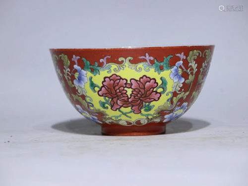 CHINESE RED-GROUND FAMILLE-ROSE BOWL DEPICTING 'FLORAL&...