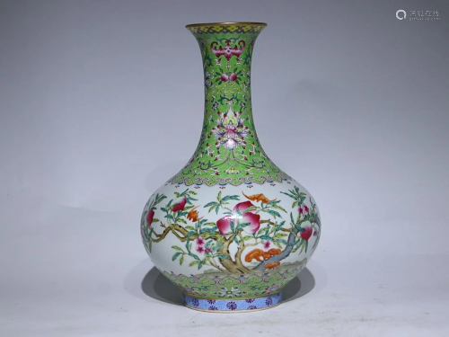CHINESE GREEN-GROUND FAMILLE-ROSE VASE DEPICTING 'BAT A...