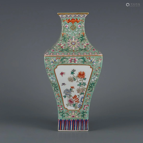 CHINESE GREEN-GROUND FAMILLE-ROSE VASE DEPICTING 'FLORA...