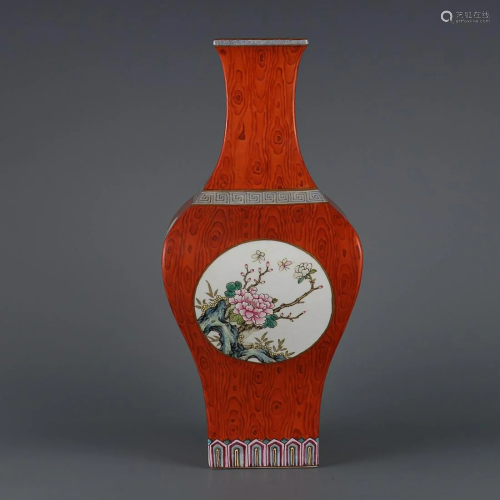 CHINESE WOOD-GRAIN-GLAZED AND FAMILLE-ROSE VASE DEPICTING &#...
