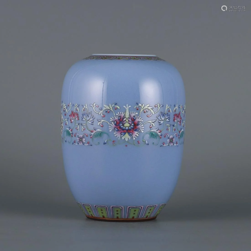 CHINESE SKY-BLUE- GROUND FAMILLE-ROSE JAR DEPICTING 'LO...