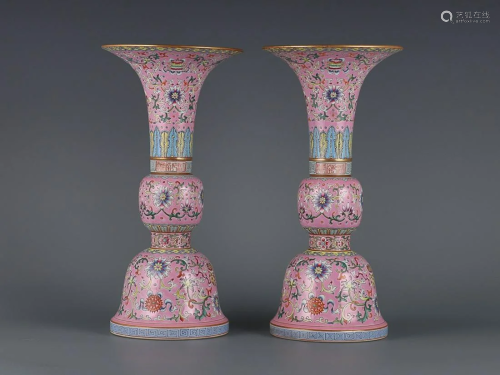 TWO CHINESE PINK-GROUND FAMILLE-ROSE GU VESSELS DEPICTING &#...