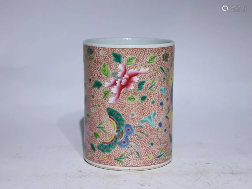 CHINESE FAMILLE-VERTE BRUSHPOT DEPICTING 'BUTTERFLY AND...