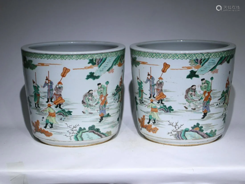 TWO CHINESE FAMILLE-VERTE JARDINIERES DEPICTING 'FIGURE...