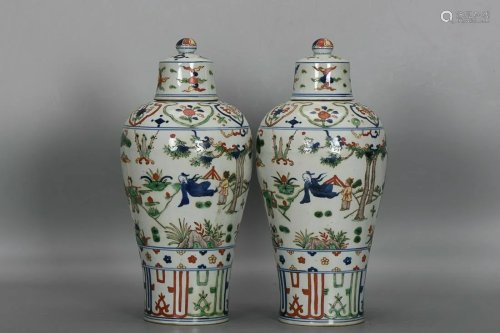 TWO CHINESE FAMILLE-VERTE COVERED MEIPING VASES DEPICTING &#...
