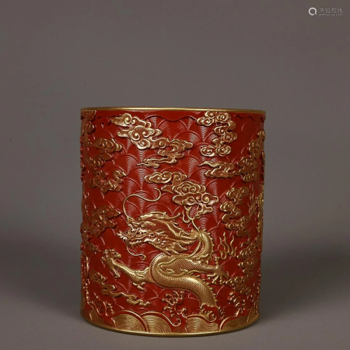 CHINESE GILDED ON IRON-RED-GLAZED BRUSHPOT DEPICTING 'D...
