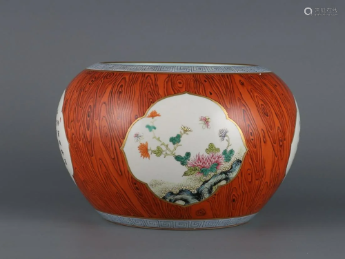CHINESE WOOD-GRAIN-GLAZED AND FAMILLE-ROSE CROCK DEPICTING &...