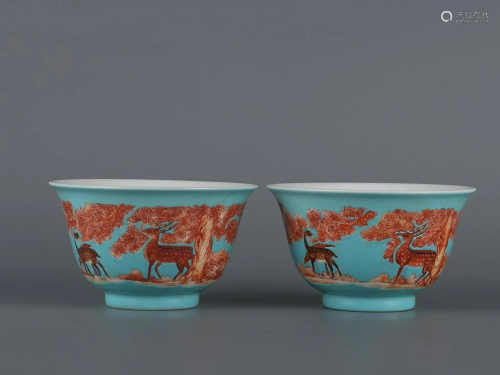 TWO CHINESE TURQUOISE- GROUND FAMILLE-ROSE CUPS DEPICTING &#...
