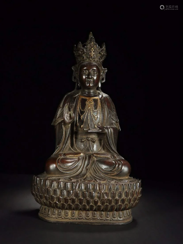 CHINESE PARCEL-GILT-BRONZE FIGURE OF GUANYIN
