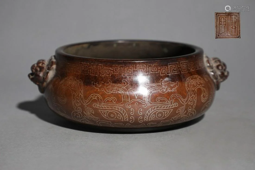 CHINESE SILVER-INLAID BRONZE LION-HANDLED CENSER DEPICTING &...