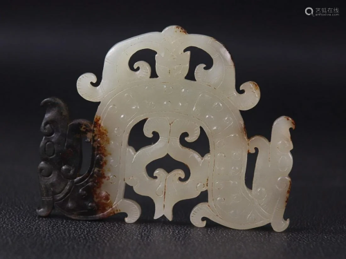 CHINESE ANTIQUE JADE PLAQUE WITH CARVED 'DRAGON AND PHO...