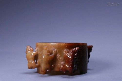 CHINESE ANTIQUE JADE ANIMAL-HANDLED CENSER WITH CARVED '...