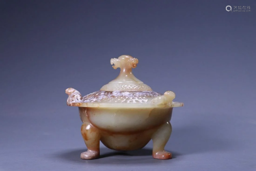 CHINESE ANTIQUE JADE COVERED CENSER ON THREE LEGS
