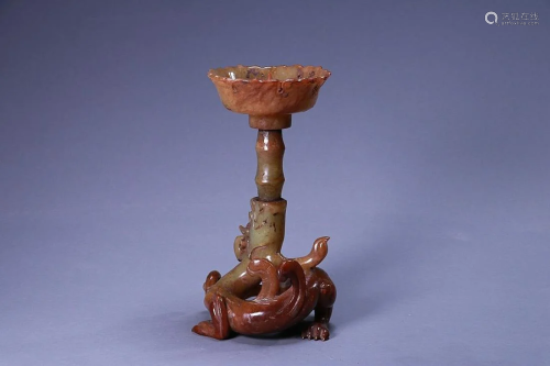 CHINESE ANTIQUE JADE CANDLE HOLDER ON 'CHI-DRAGON'...