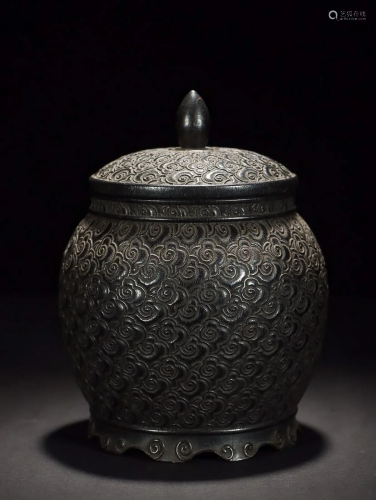 CHINESE SANDALWOOD COVERED JAR WITH CARVED 'CLOUDS'...