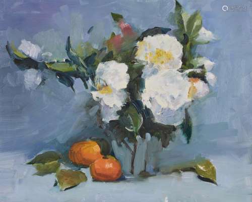 1938-2021 周树桥  白玫瑰与水柿No.14 布面油画