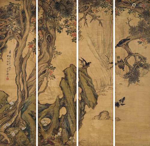 郑 珊 甲戌（1874）年作 花鸟通景四屏 设色绢本 立轴