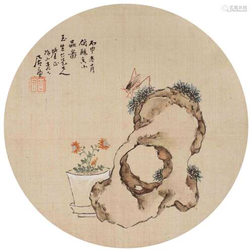 居 廉 丙申（1896）年作 螳螂花卉 设色绢本 镜片