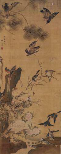 张秋谷 辛亥（1791）年作 百鸟争鸣 设色绢本 立轴