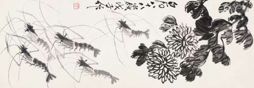 齐白石 虾趣图 水墨纸本 镜片 戊子（1948）年作