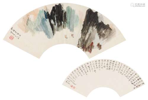 何海霞 山水、行书两帧 设色纸本 镜片 己巳（1989）年作