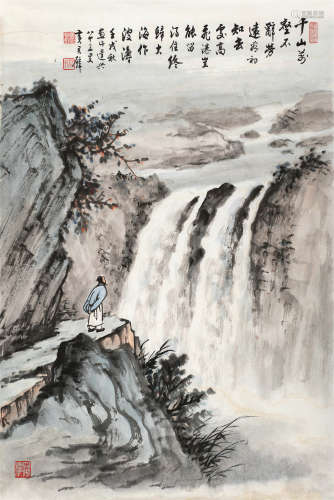 黄君璧 观瀑图 设色纸本 镜片 壬戌（1982）年作