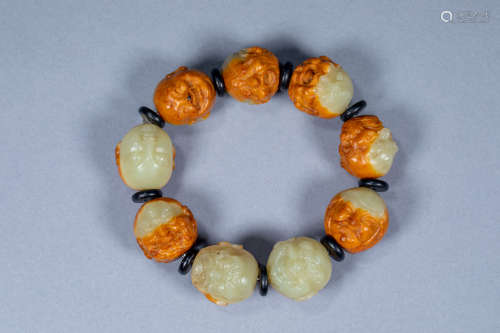 Ancient Chinese carved diamond yin and yang face jade bracel...