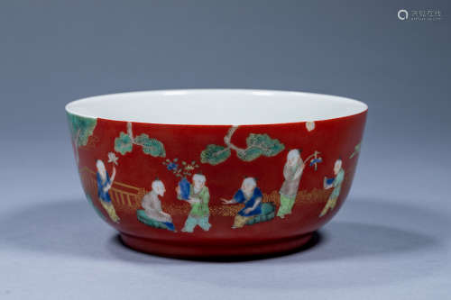 Chinese Qing Dynasty Qianlong-marked red-glazed baby play fi...