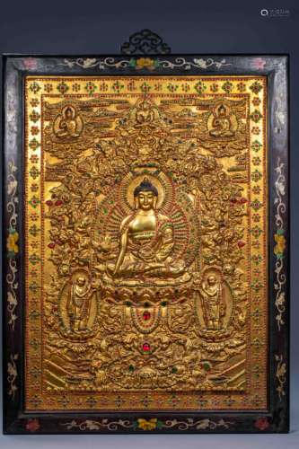 Ancient Chinese Shakyamuni gilt and gemstone panel paintings