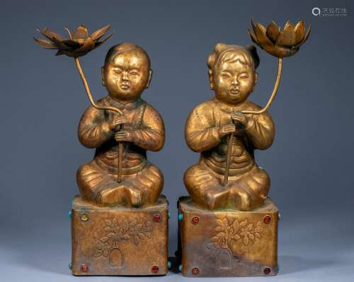 A pair of ancient Chinese boy, boy and girl lampstands