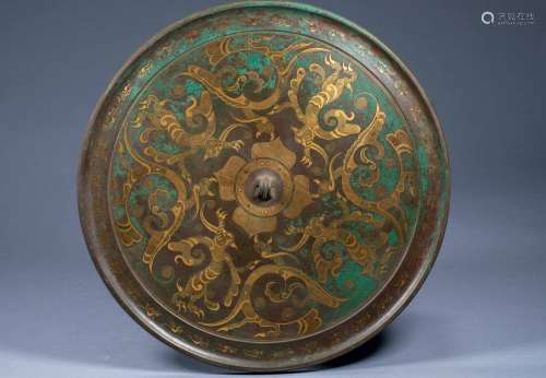 Ancient Chinese Cuojin bird bronze mirror