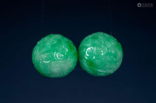 Pair of ancient Chinese jade carving dragon balls