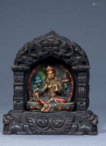 Ancient Chinese red sandalwood lacquer gold green Tara shrin...