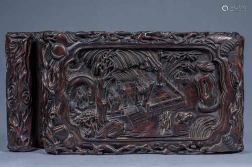 Arm rest with old picture of red sandalwood group in Qing Dy...