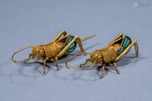 A pair of ancient Chinese turquoise golden crickets