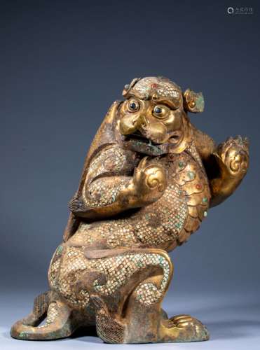 Ancient Chinese Statue of auspicious beasts inlaid with gems